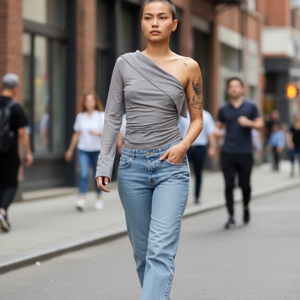 Zara Gray Mesh One-Shoulder Blouse
